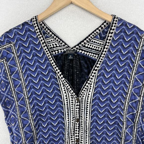 LUCKY BRAND Blouse M Chevron Double V-Neck Button Up Boho Tribal Cap Sleeve Blue - Picture 3 of 13